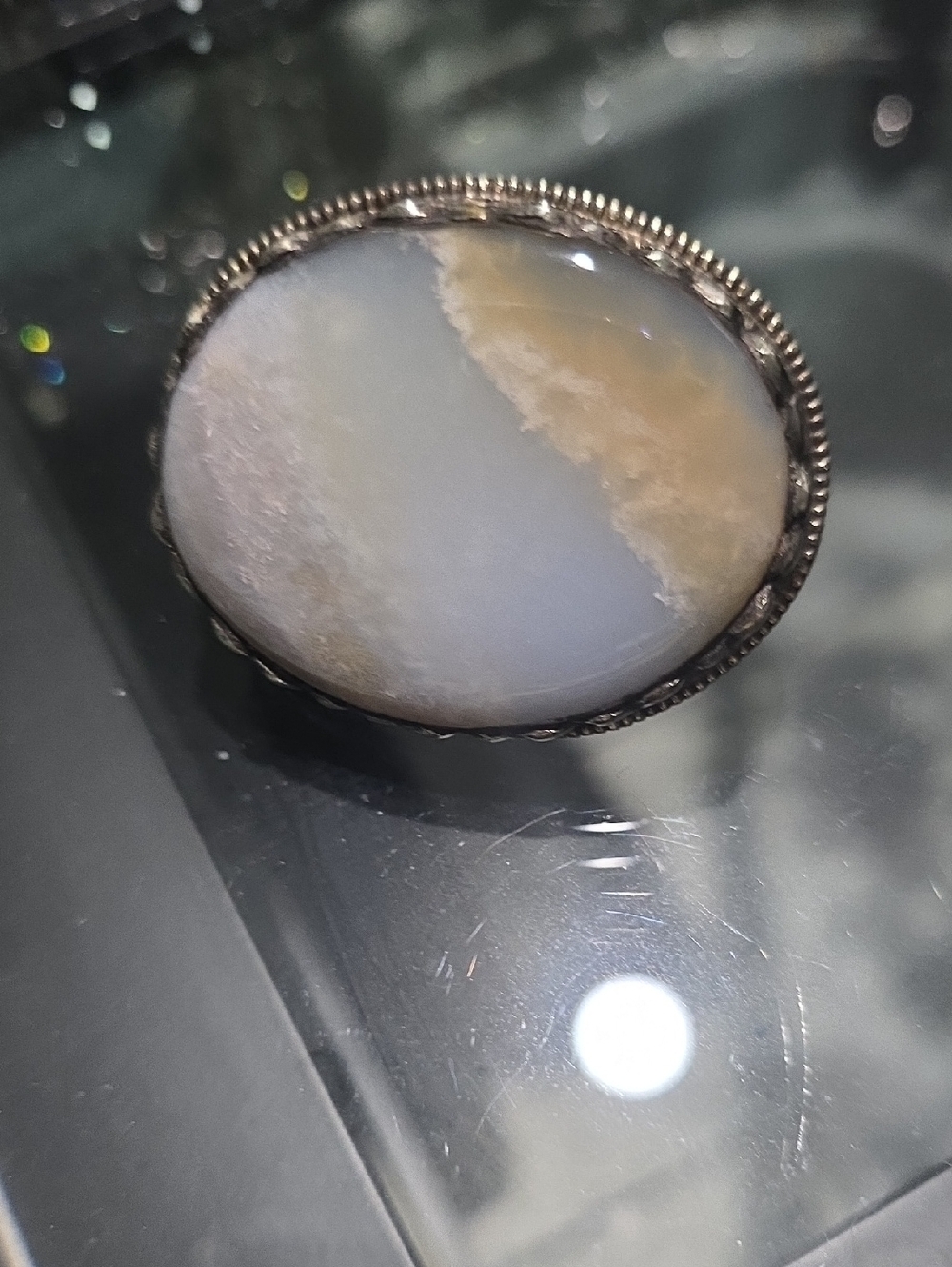 Large Oval Blue and Cream Banded Agate Statement Ring